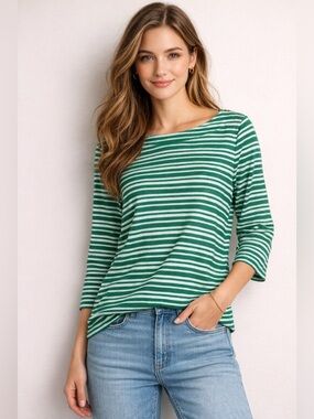 Liz Claiborne Green & White Striped Boat Neck Top 3/4 Sleeve Casual Tee Size XL